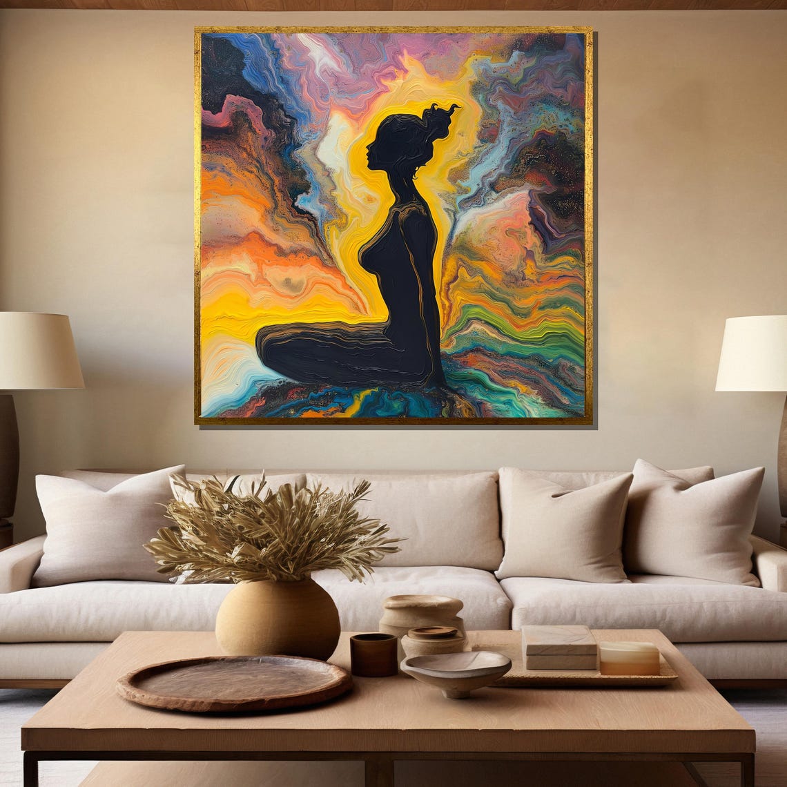 Meditating Woman Silhouette Rainbow Fluid Art Zen Yoga Poster