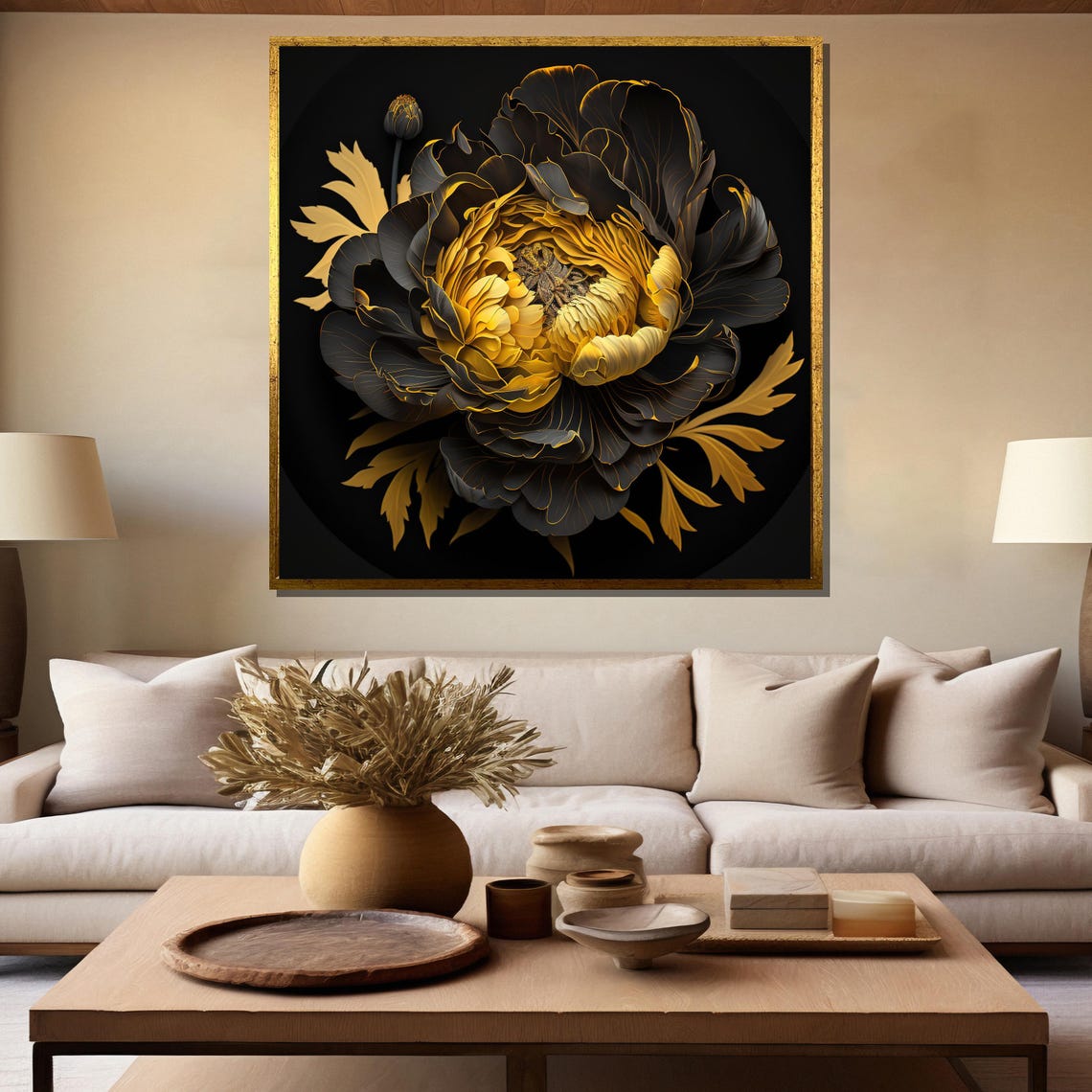 Black and Gold Peony Bloom on a Dramatic Dark Background Poster - Image 5