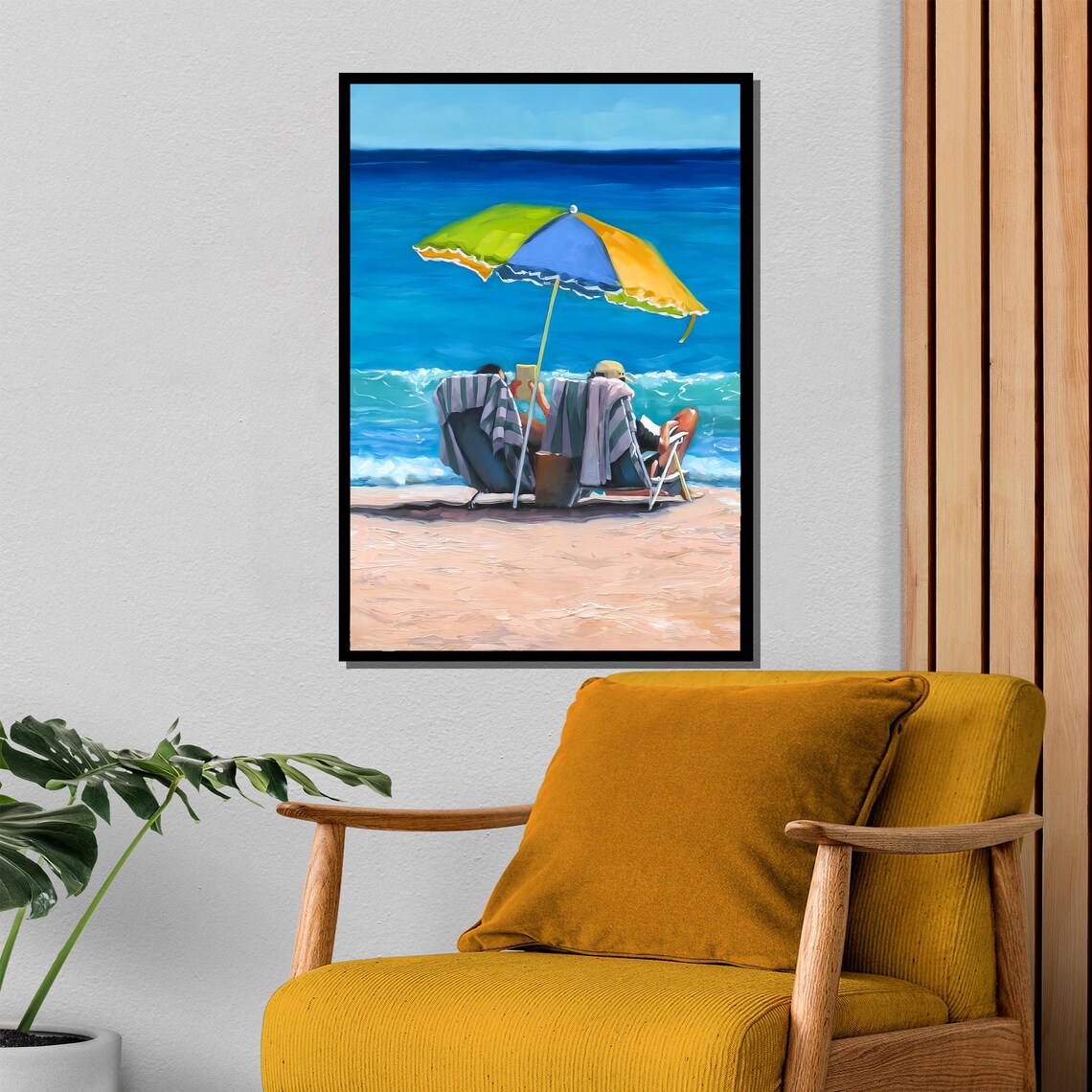 Couple Relaxing Under Beach Umbrella on Sunny Shore Painting Poster - Image 4
