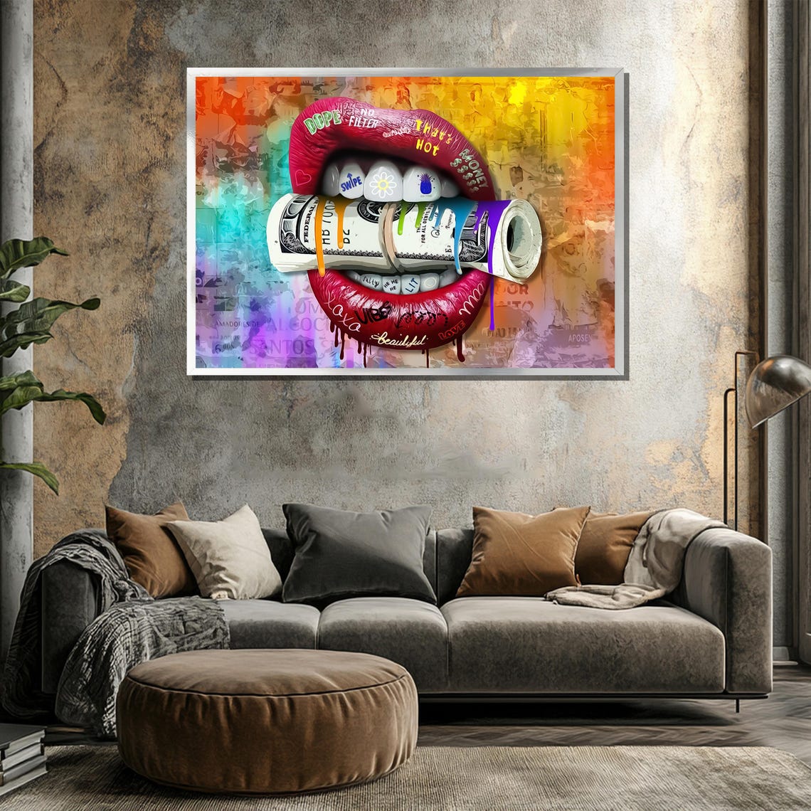 Red Lips Biting Money Roll Dope No Filter Pop Art Style Poster - Image 3