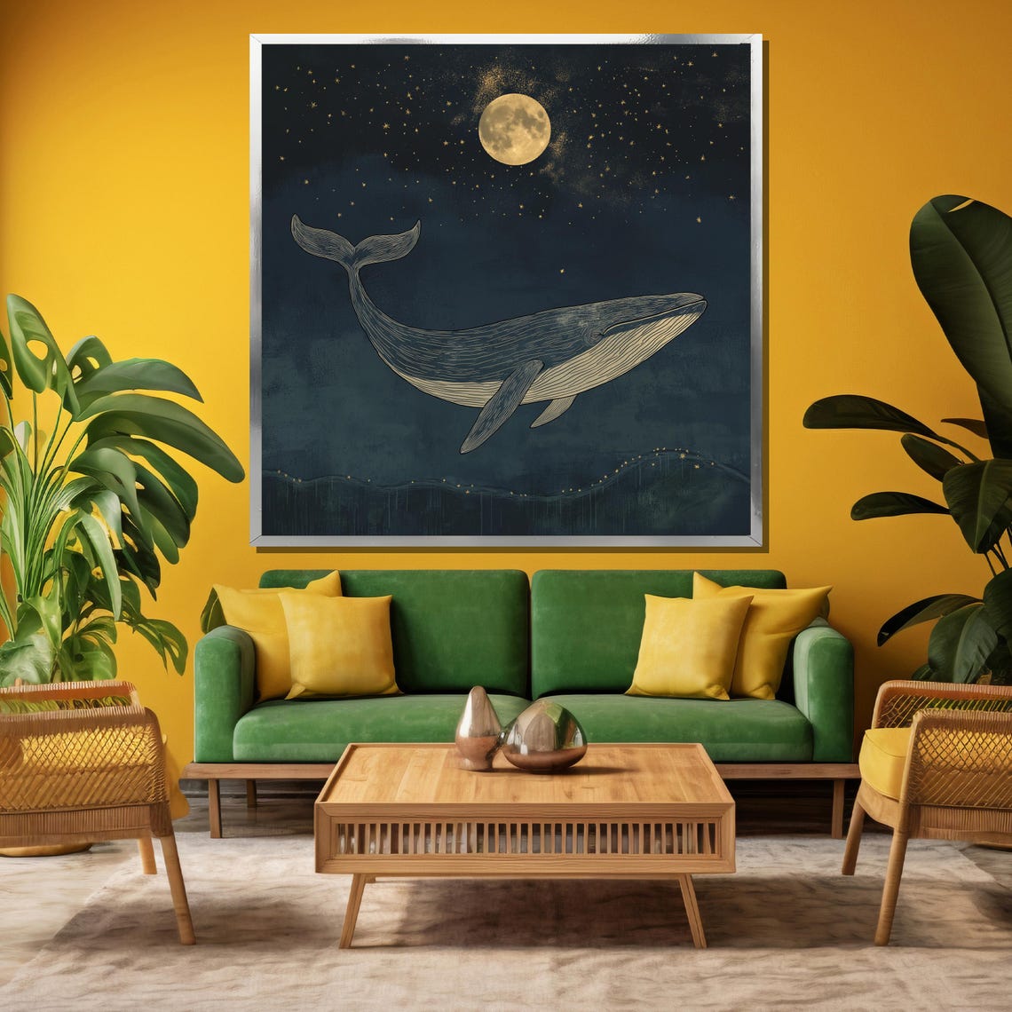 Whale Swimming Under a Full Moon and Starry Night Sky Poster - Image 3