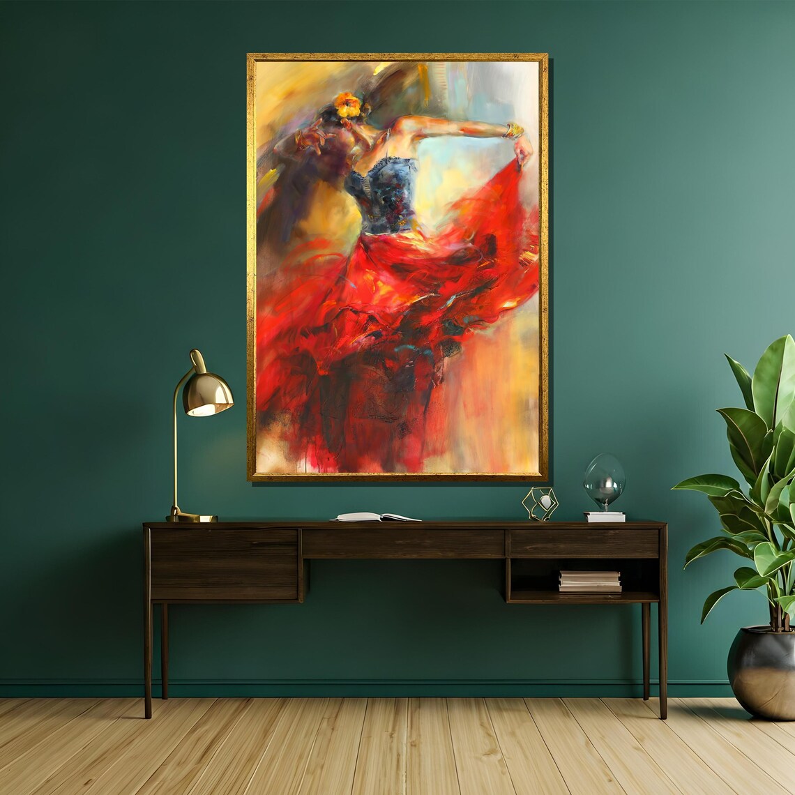 Flamenco Dancer in Blue Bodice Swirling Red Skirt Art Poster - Image 5