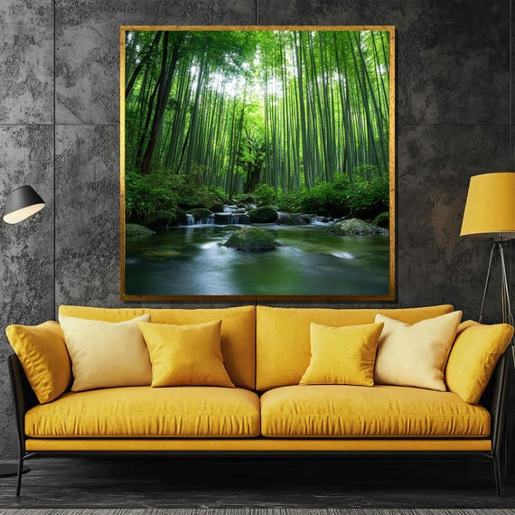 Tranquil Bamboo Forest Painting Serene Nature Wall Art Zen Garden Waterfall Poster Relaxing Green Landscape Print Japanese Jungle