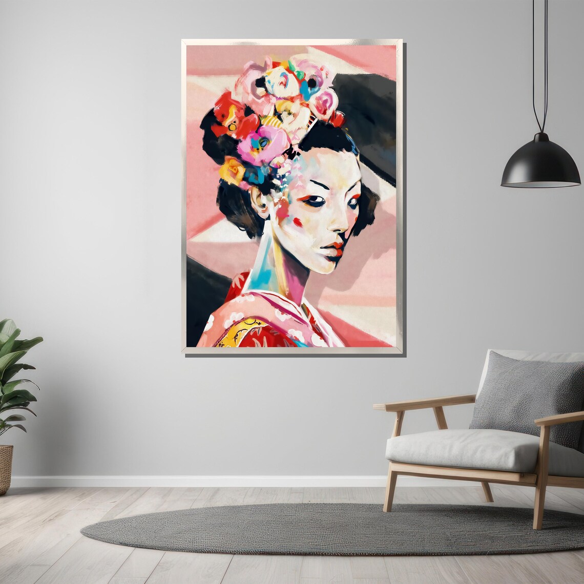Modern Geisha With Flower Hair Pink Kimono Painterly Art Poster - Image 3