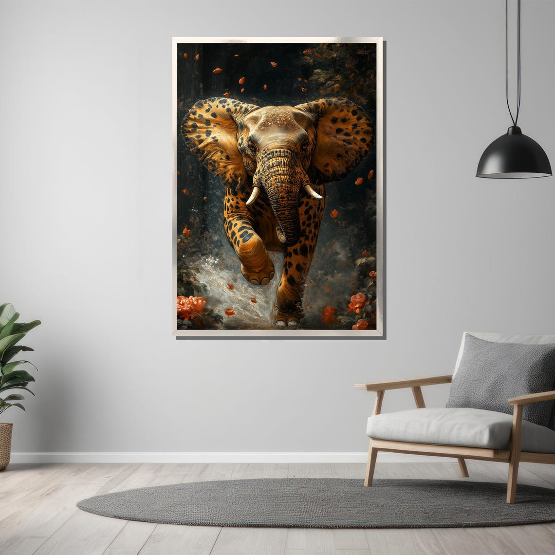 Spotted Giant Cheetah Patterned Elephant Walking in Jungle Poster - Image 3