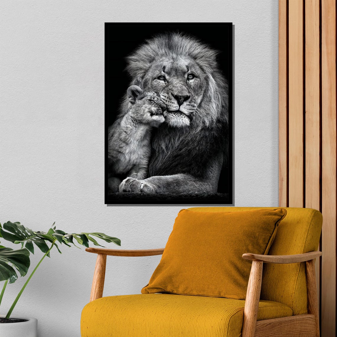 Lion and Cub Nuzzle Tender Black and White Wildlife Art Poster - Image 4