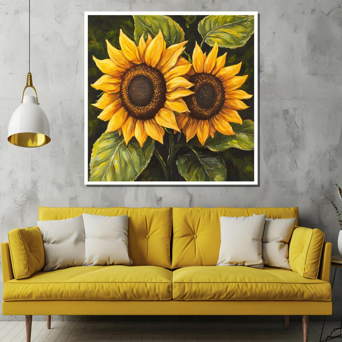 Twin Sunflowers With Green Leaves Cheerful Floral Art Poster - Image 2