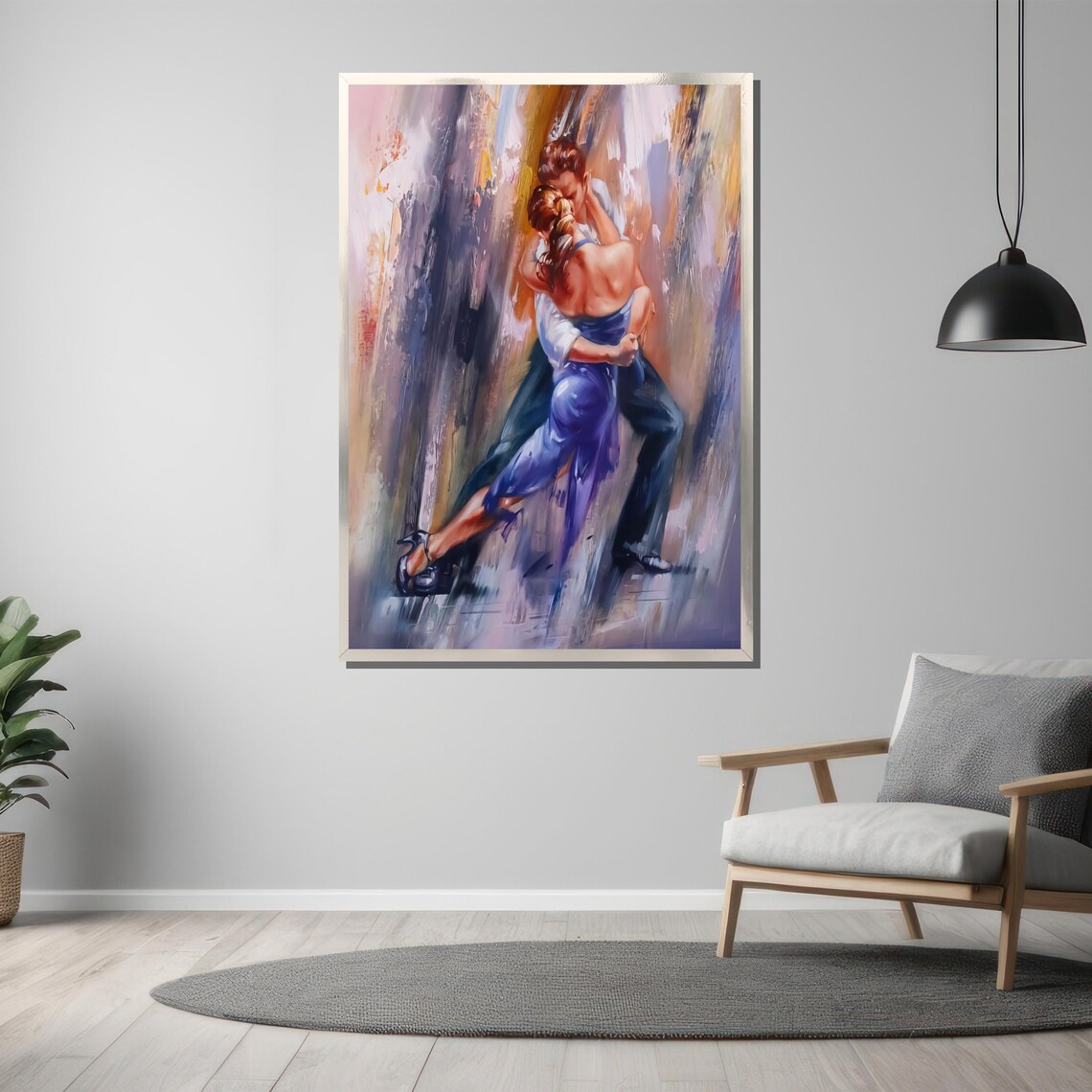 Tango Couple in Flowing Blue Dress Close Embrace Oil Art Poster - Image 3