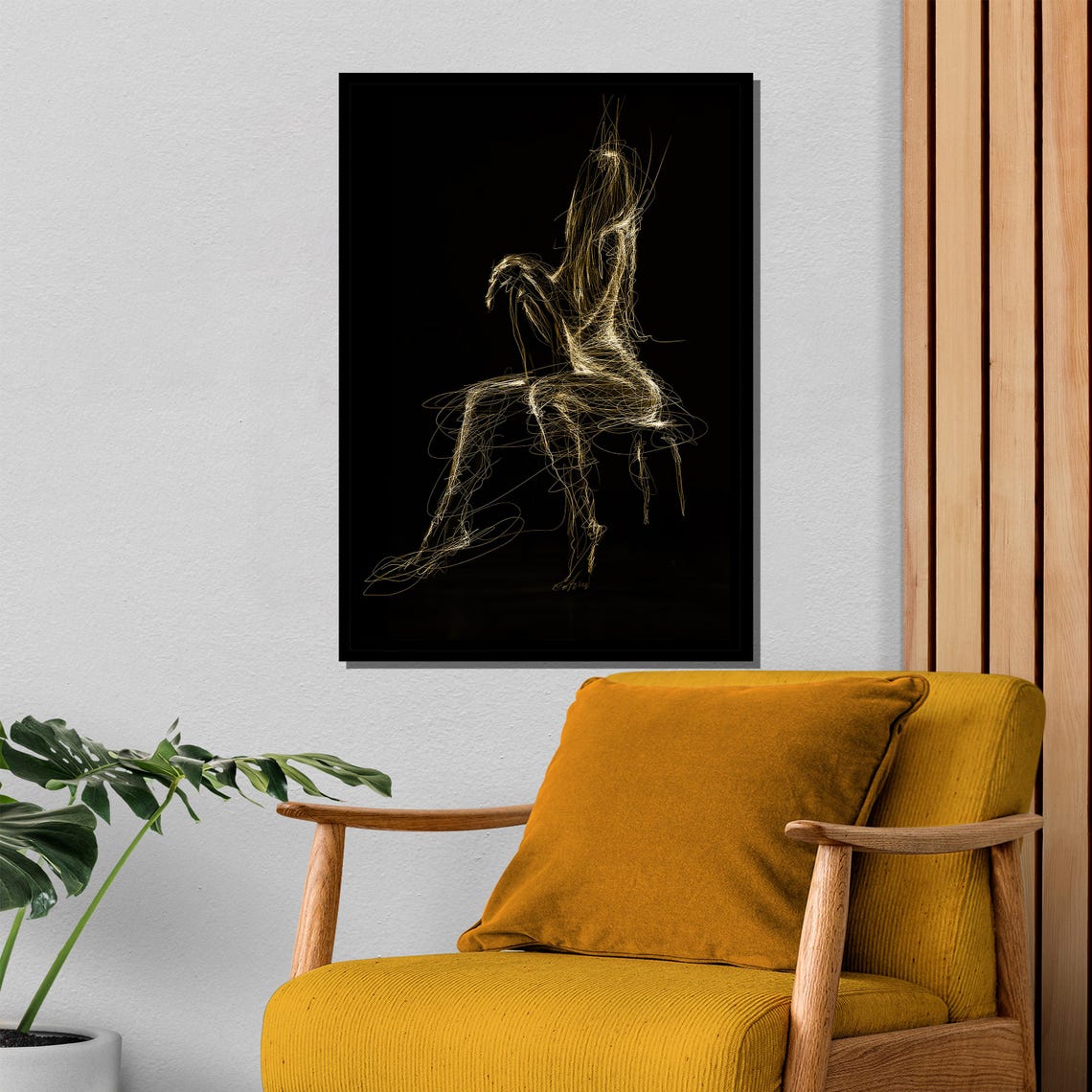 Abstract Gold Line Art Nude Silhouette on Black Background Poster - Image 4