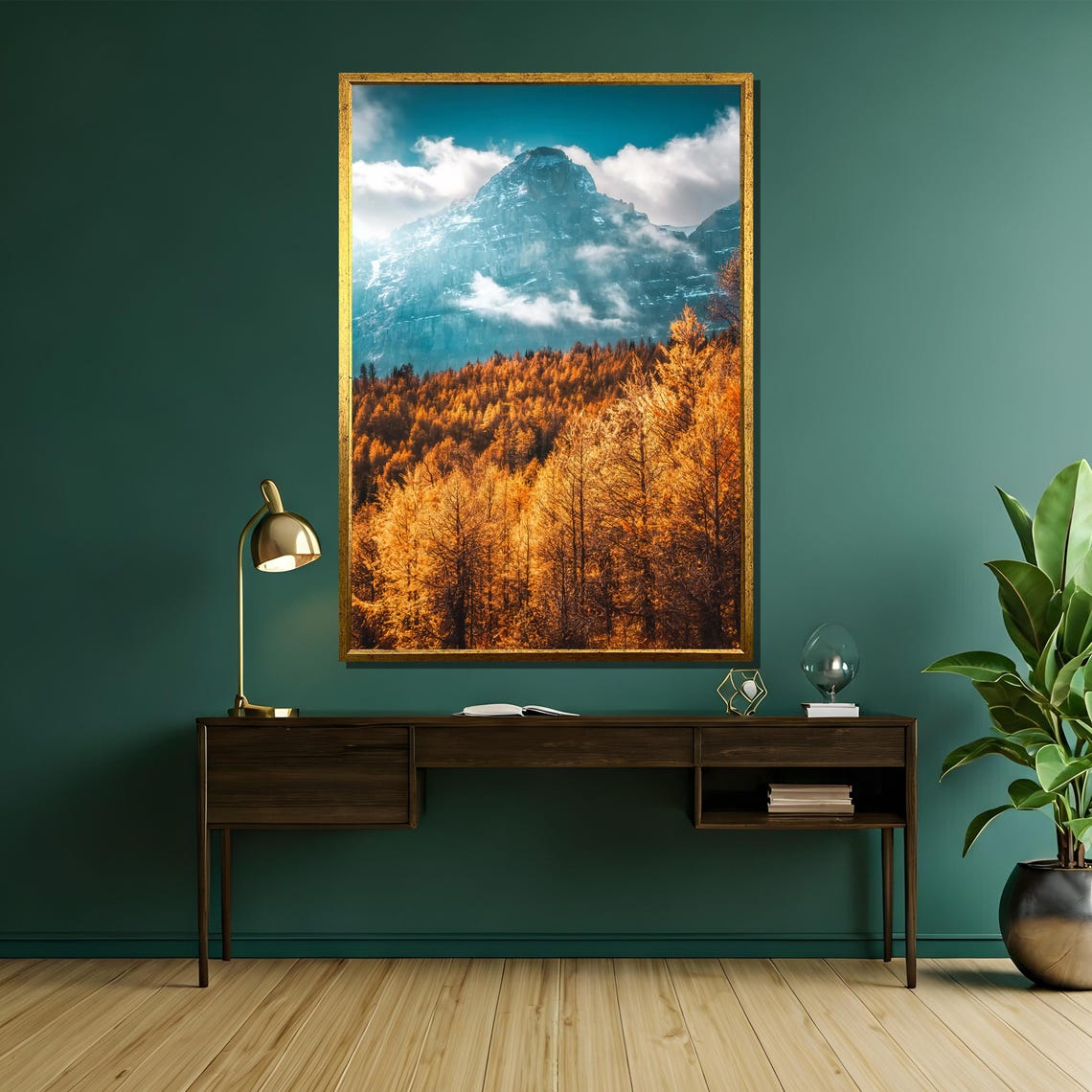 Golden Autumn Larch Forest Below A Towering Snowy Mountain Peak Poster - Image 5