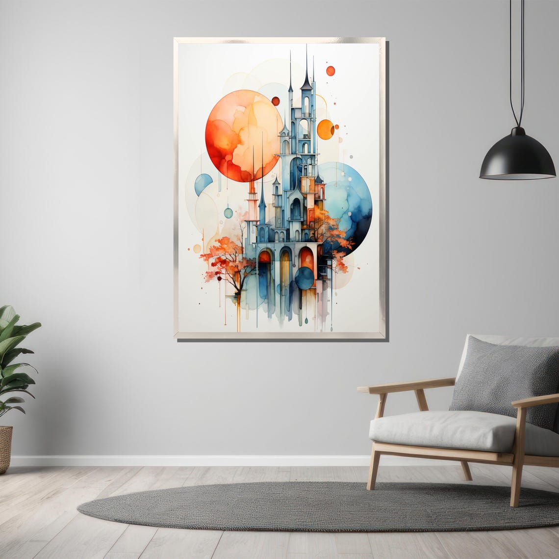 Whimsical Watercolor Fantasy Castle With Floating Balloons Art Poster - Image 3