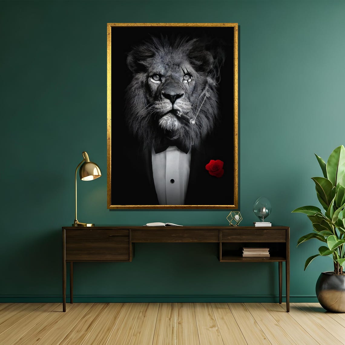 Dapper Lion In Tuxedo With Red Rose And Cigar Portrait Poster - Image 5