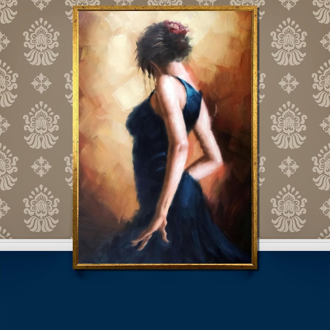 Woman In Navy Dress Warm Orange Abstract Elegant Romantic Art Poster