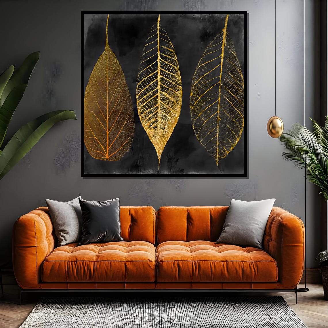 Three Golden Leaves On Black Modern Botanical Dark Night Poster - Image 4