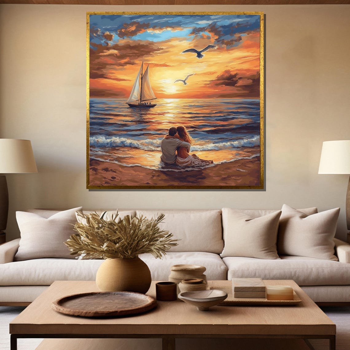 Romantic Beach Sunset Couple Embracing By Sailboat Ocean Poster - Image 5