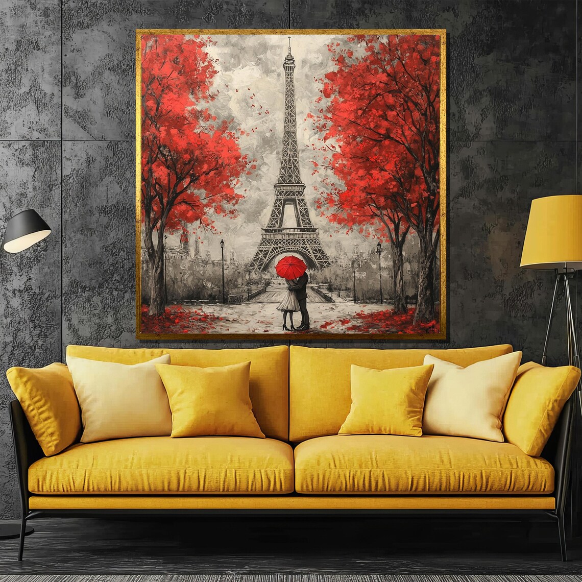 Romantic Paris Painting, Eiffel Tower Love Scene