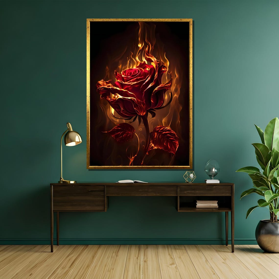 Flaming Red Rose On Dark Black Background Dramatic Flower Poster - Image 5