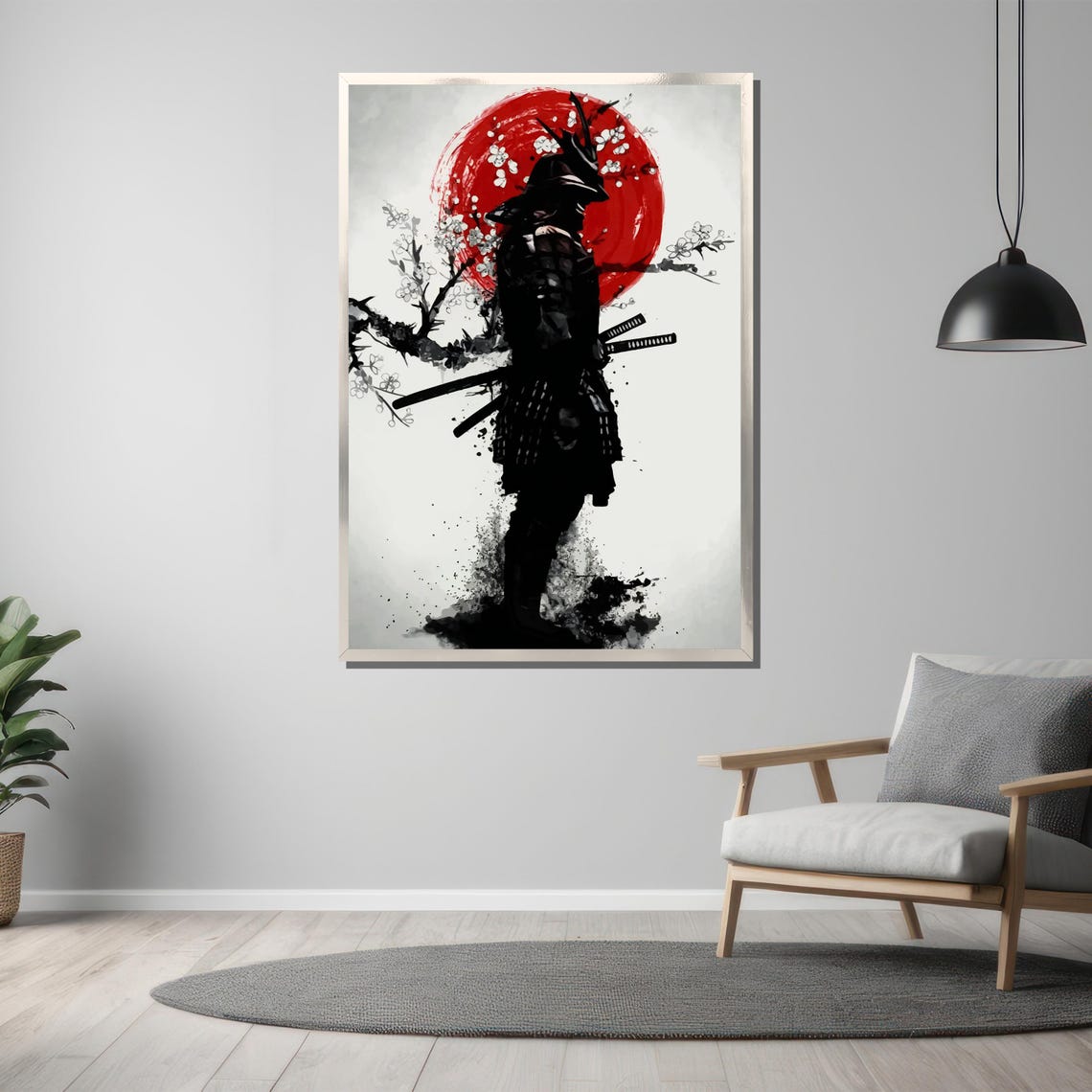 Japanese Samurai Silhouette Red Rising Sun Cherry Blossom Poster - Image 3