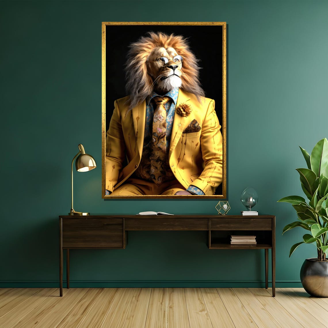 Dapper Lion in Yellow Suit Glasses Humorous Animal Art Poster - Image 5