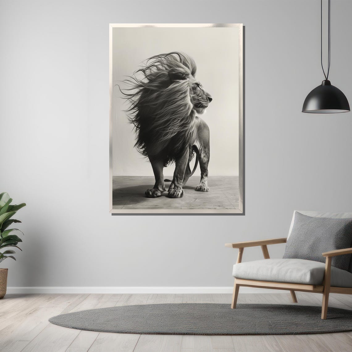 Standing Lion with Windswept Mane Black White Art Wall Poster - Image 3
