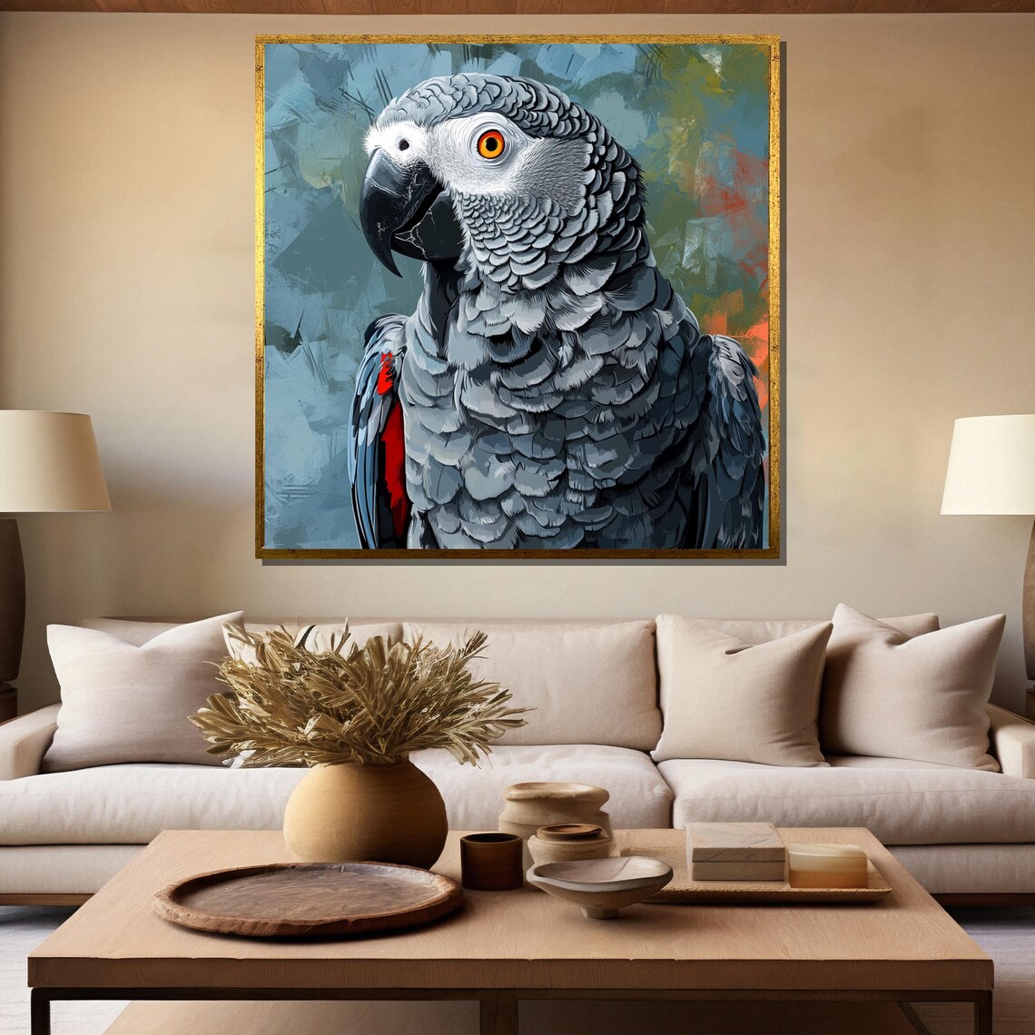 Scarlet Tail African Grey Parrot Portrait Vivid Wildlife Art Poster - Image 5