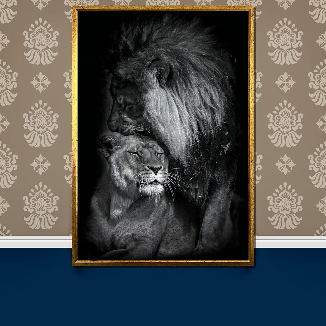 Tender Lion And Lioness Embrace In Dramatic Black And White Poster