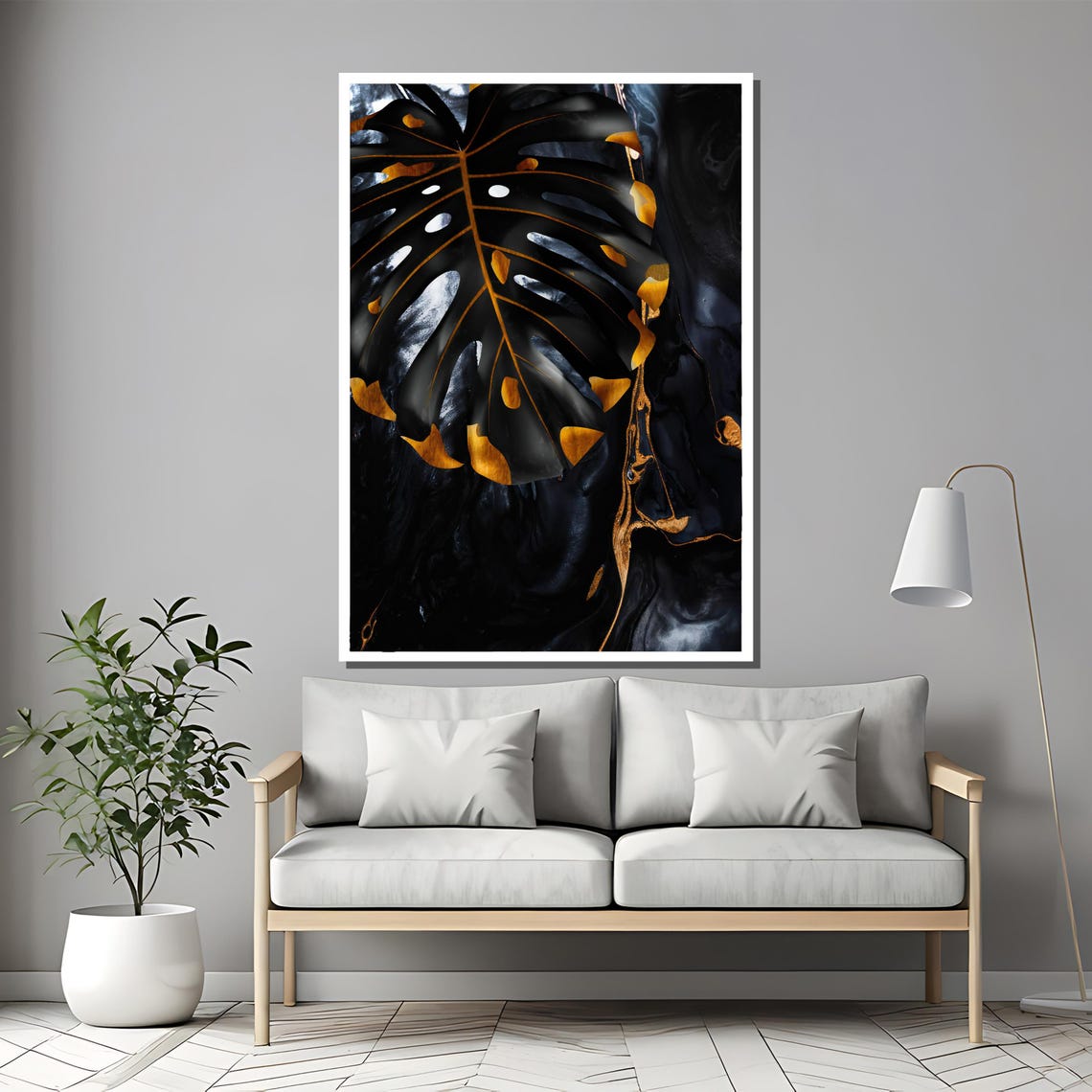 Black And Gold Monstera Leaf Luxury Tropical Botanical Poster - Image 2