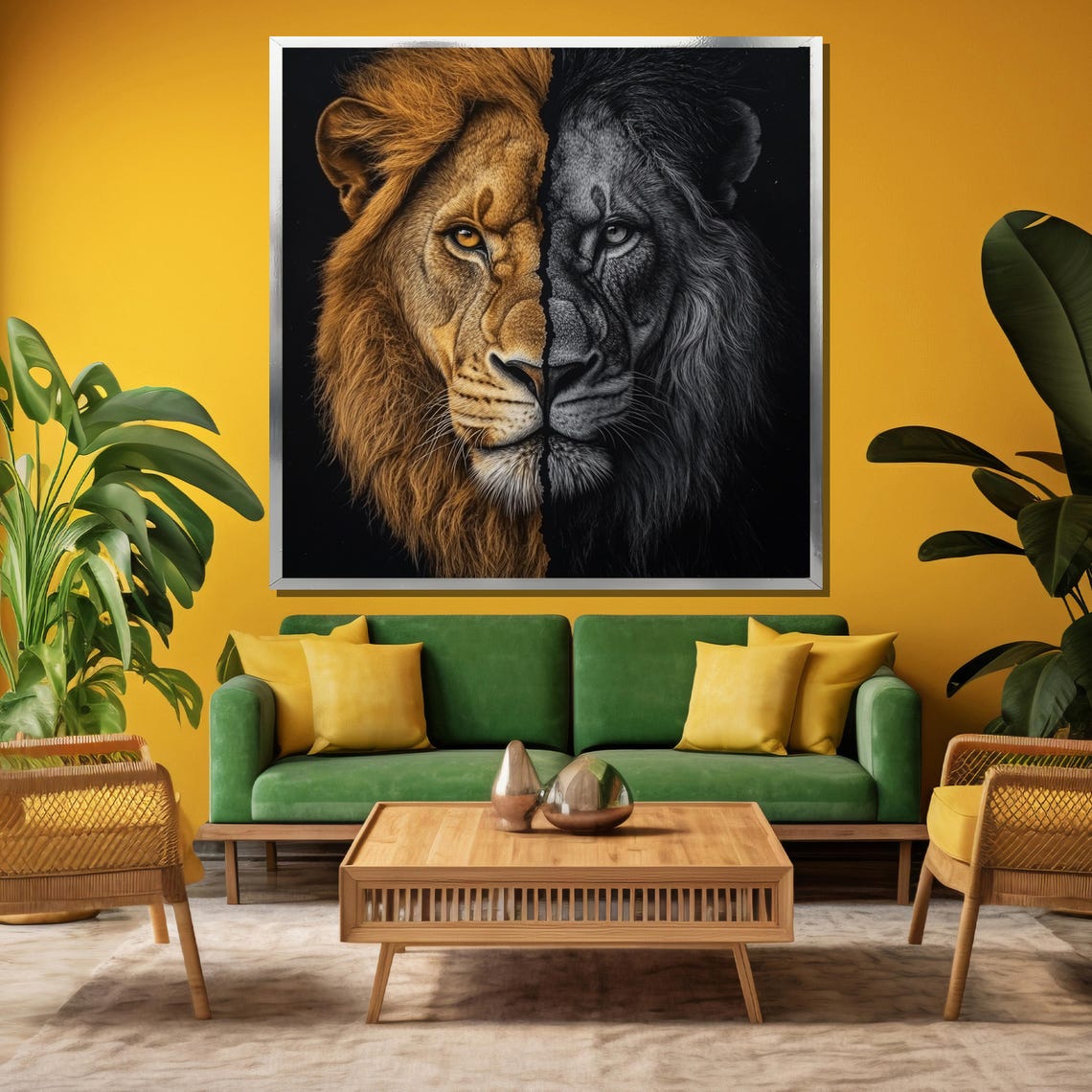 Lion Face Split Half Color Half Black and White Duality Poster - Image 3
