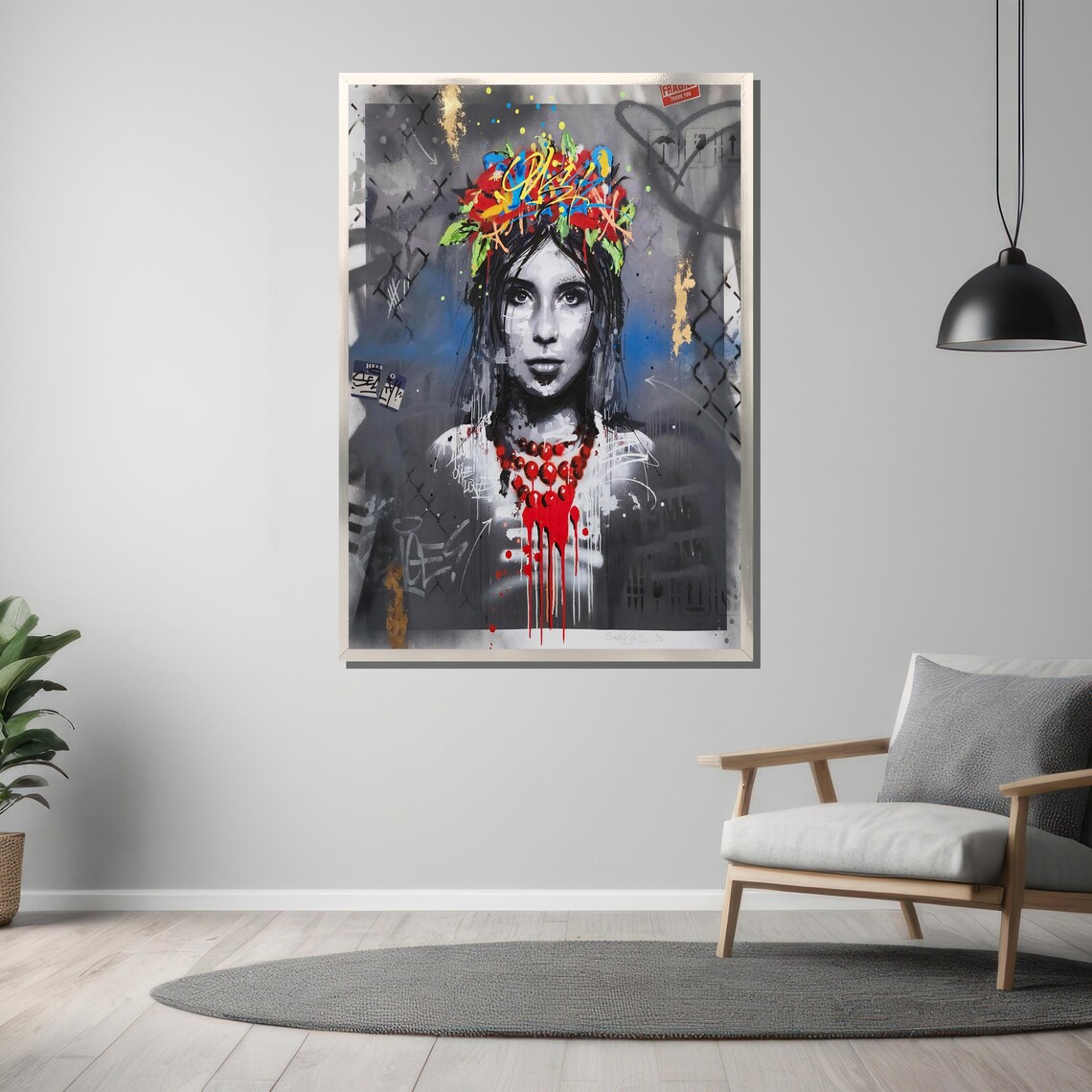 Flower Crown Graffiti Woman Red Necklace Urban Art Portrait Poster - Image 3