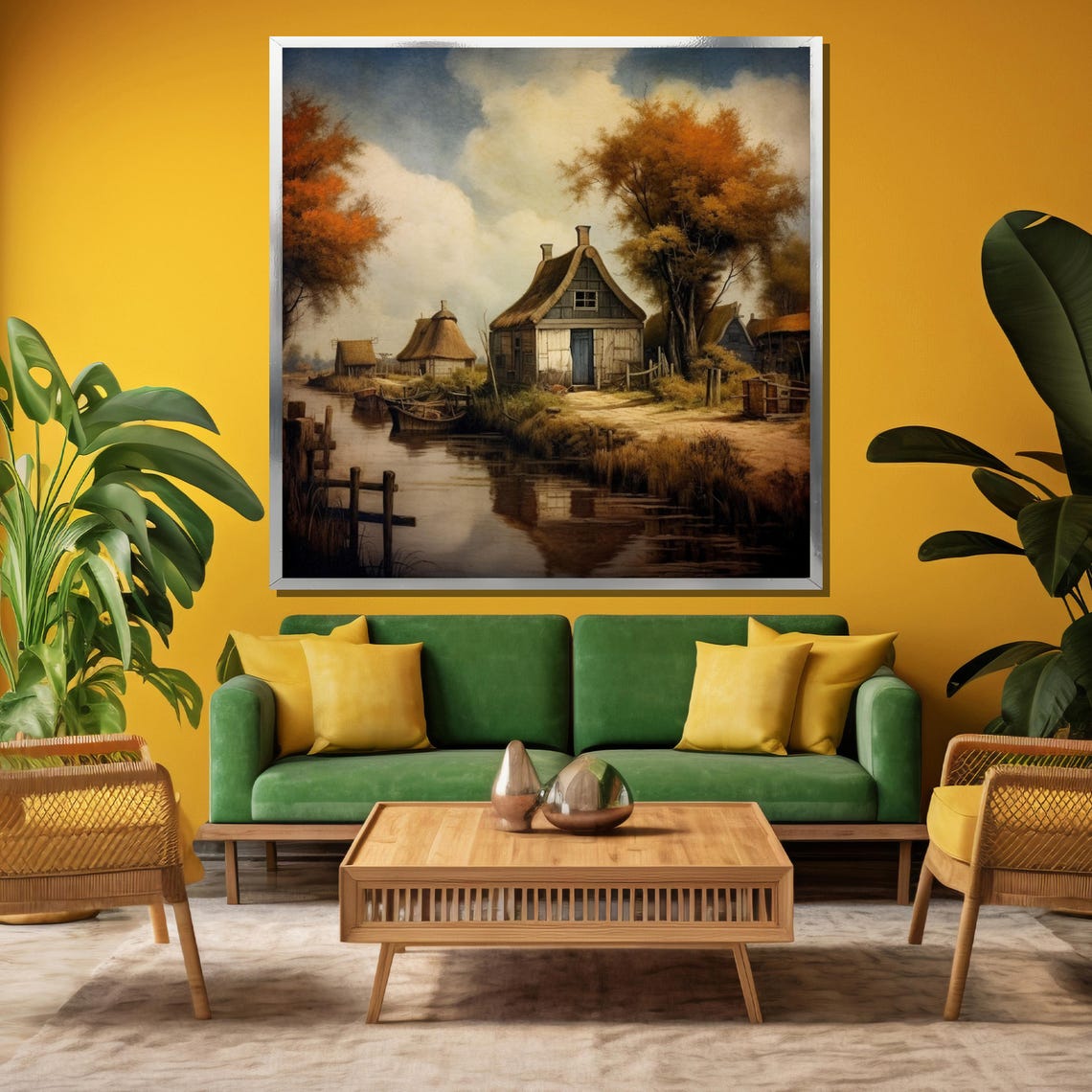 Rustic Thatched Cottage Canal Painting Autumn Countryside Poster - Image 3