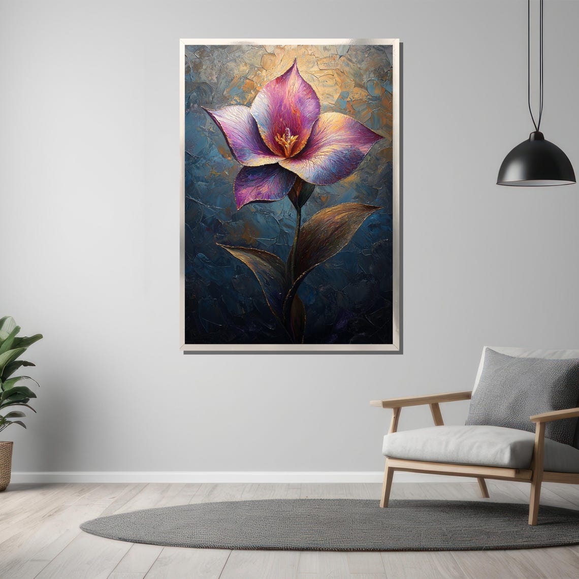 Purple Abstract Lily Bloom Textured Dark Floral Painting Poster - Image 3