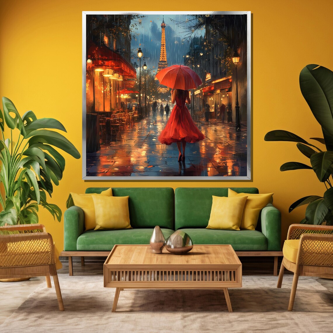 Woman in Red Dress with Umbrella Rainy Paris Night Art Poster - Image 3