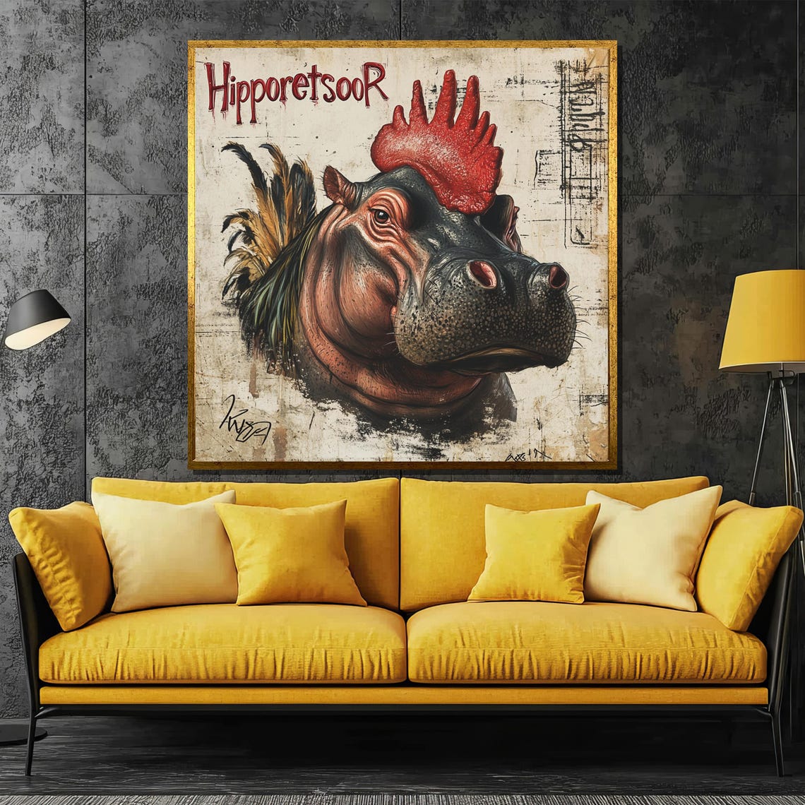 HipporetsooR Whimsical Hippo Rooster Hybrid Vintage Fantasy Poster