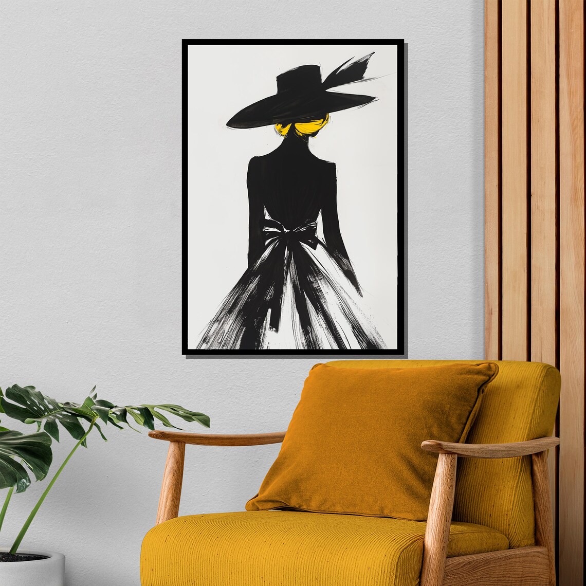Fashion Lady in Black Dress and Wide Hat Silhouette on White Poster - Image 4