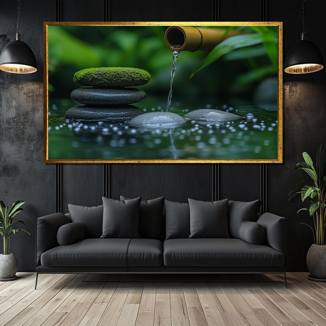 Mossy Zen Stones Under a Bamboo Water Spout in a Garden Poster