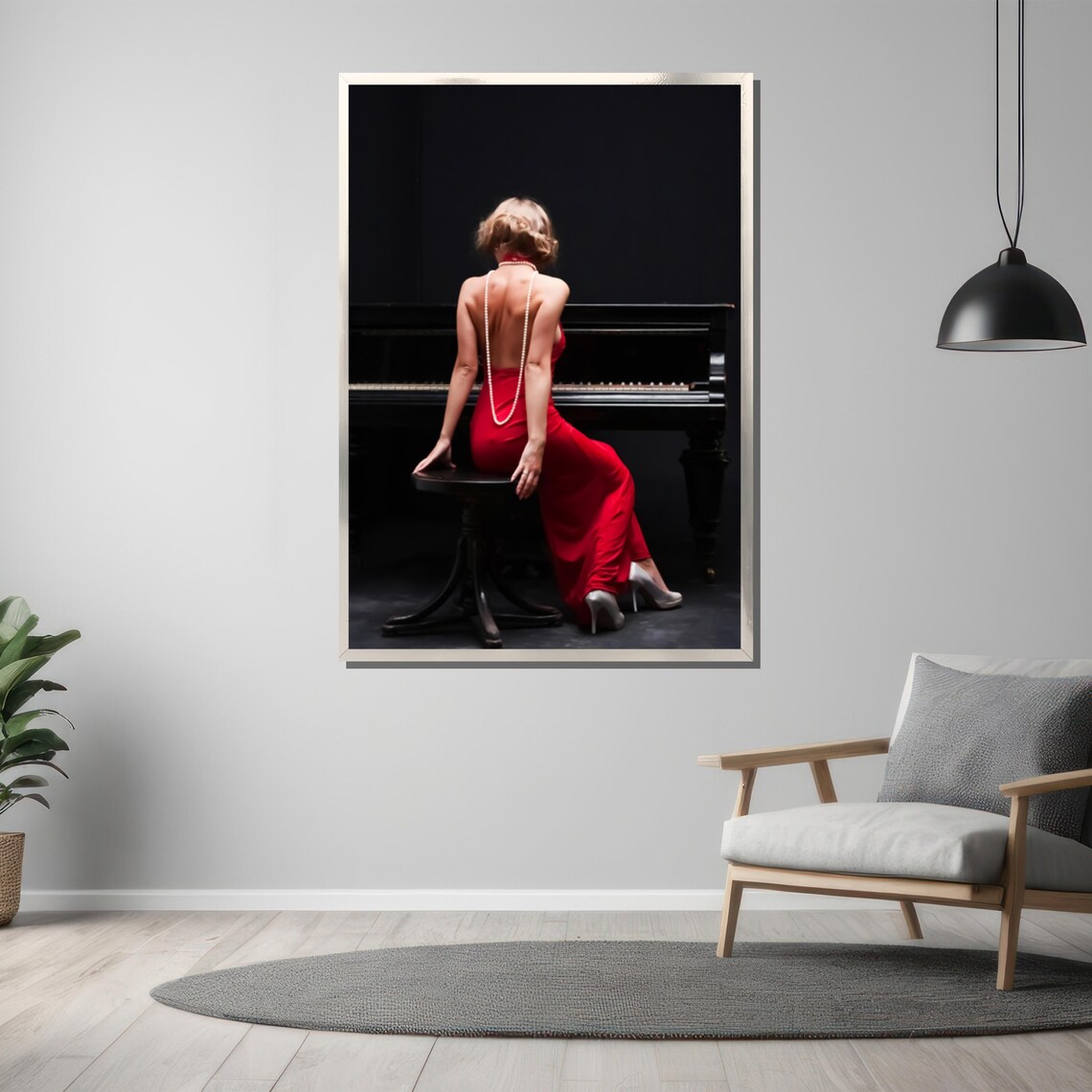 Woman in Red Backless Dress with Pearls at Piano Photo Poster - Image 3