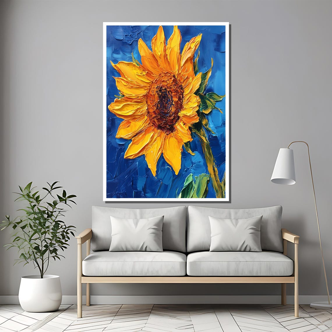 Bold Yellow Sunflower Impasto Thick Paint Blue Background Poster - Image 2