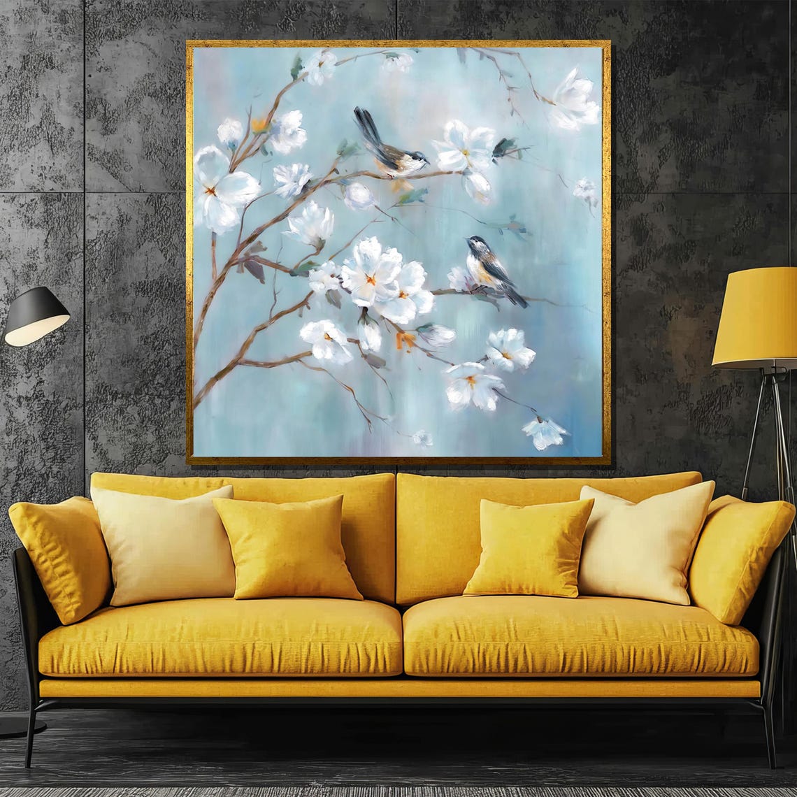 Songbirds Perched on White Blossoming Branches Nature Poster