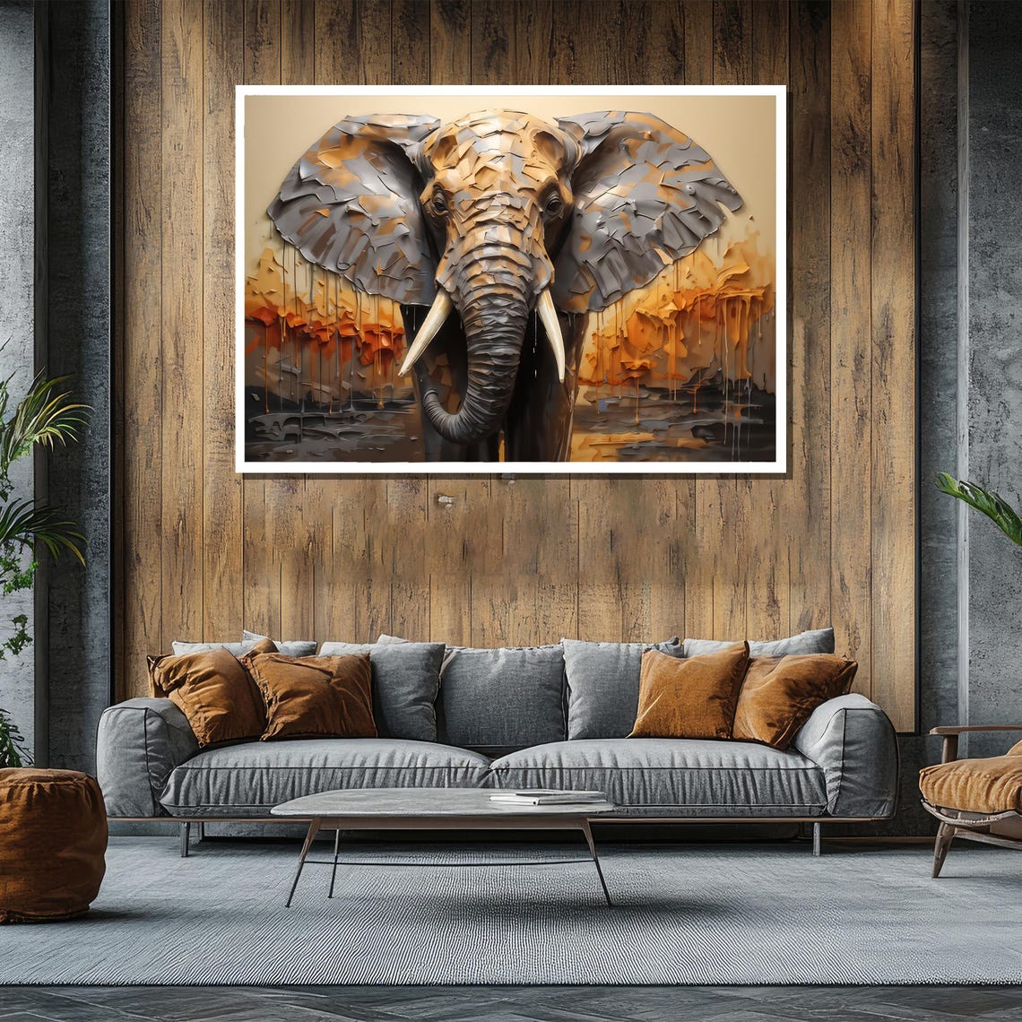 Textured Golden Elephant Head Mosaic Style Safari Artwork Poster - Image 2