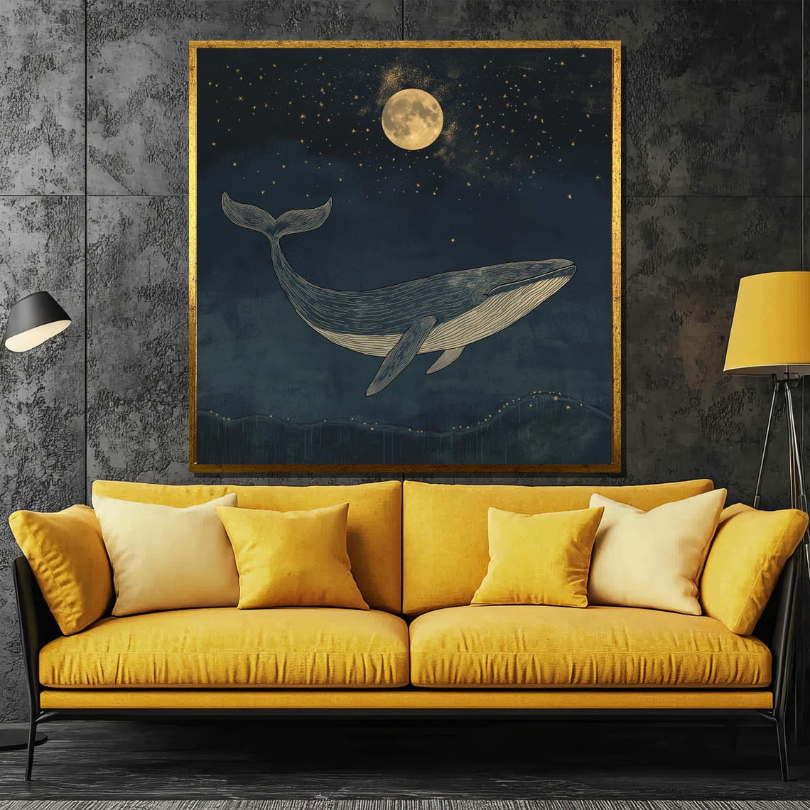 Whale Swimming Under a Full Moon and Starry Night Sky Poster