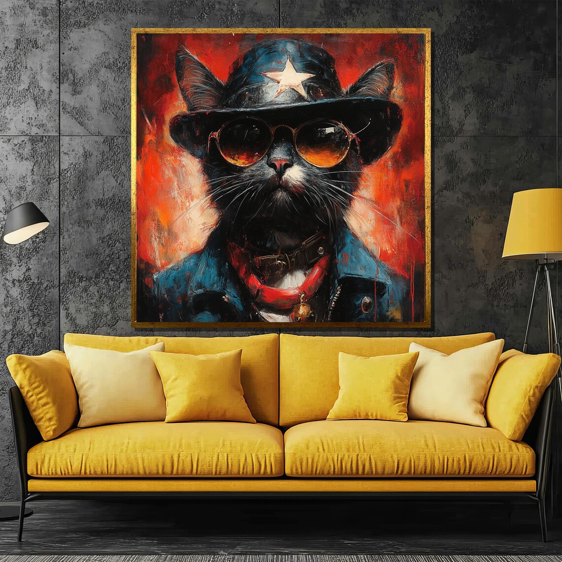 Rebel Black Cat in a Cowboy Hat and a Leather Jacket Portrait Poster
