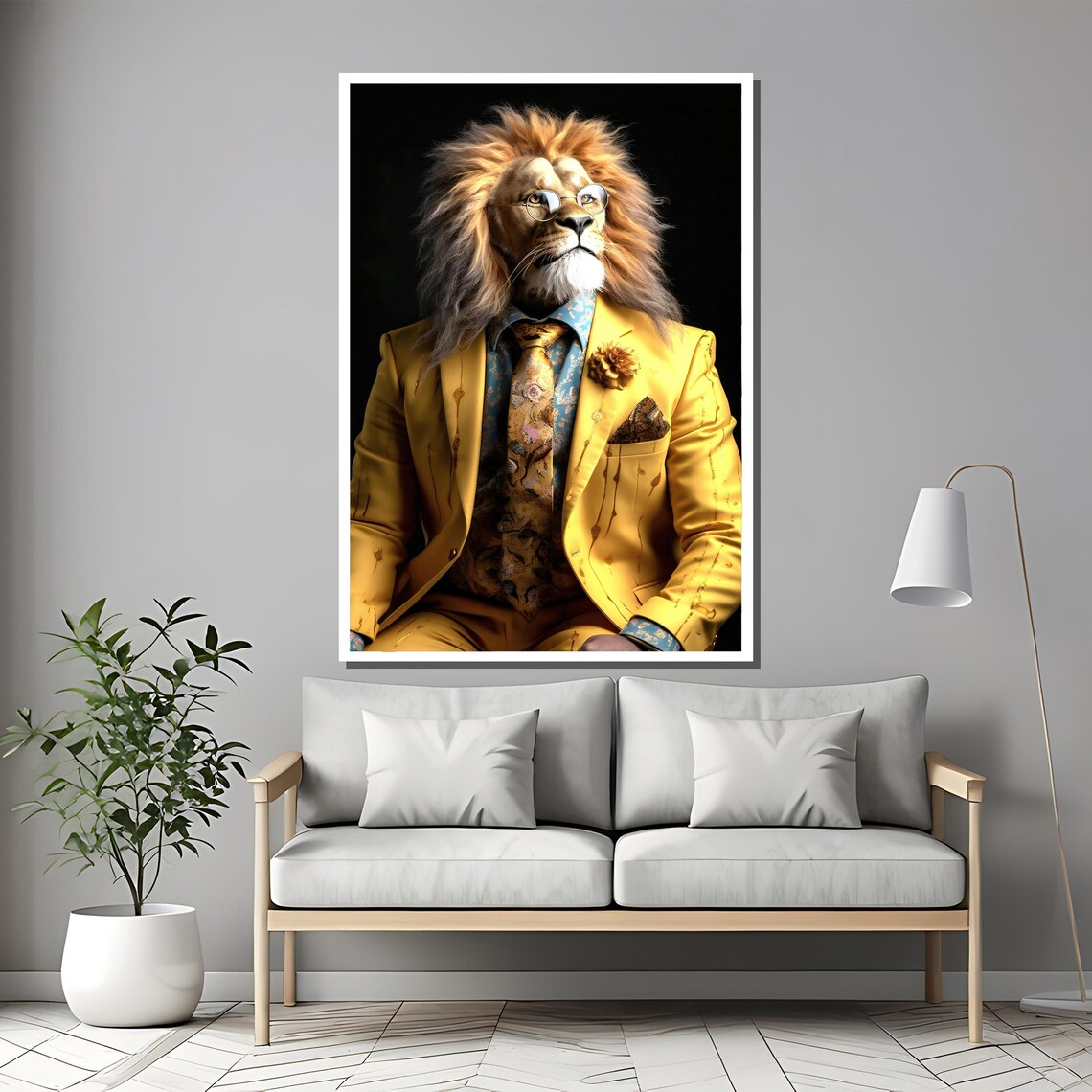 Dapper Lion in Yellow Suit Glasses Humorous Animal Art Poster - Image 2