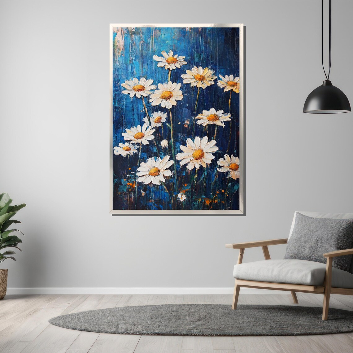 White Daisies on a Dark Blue Impasto Textured Floral Painting Poster - Image 3