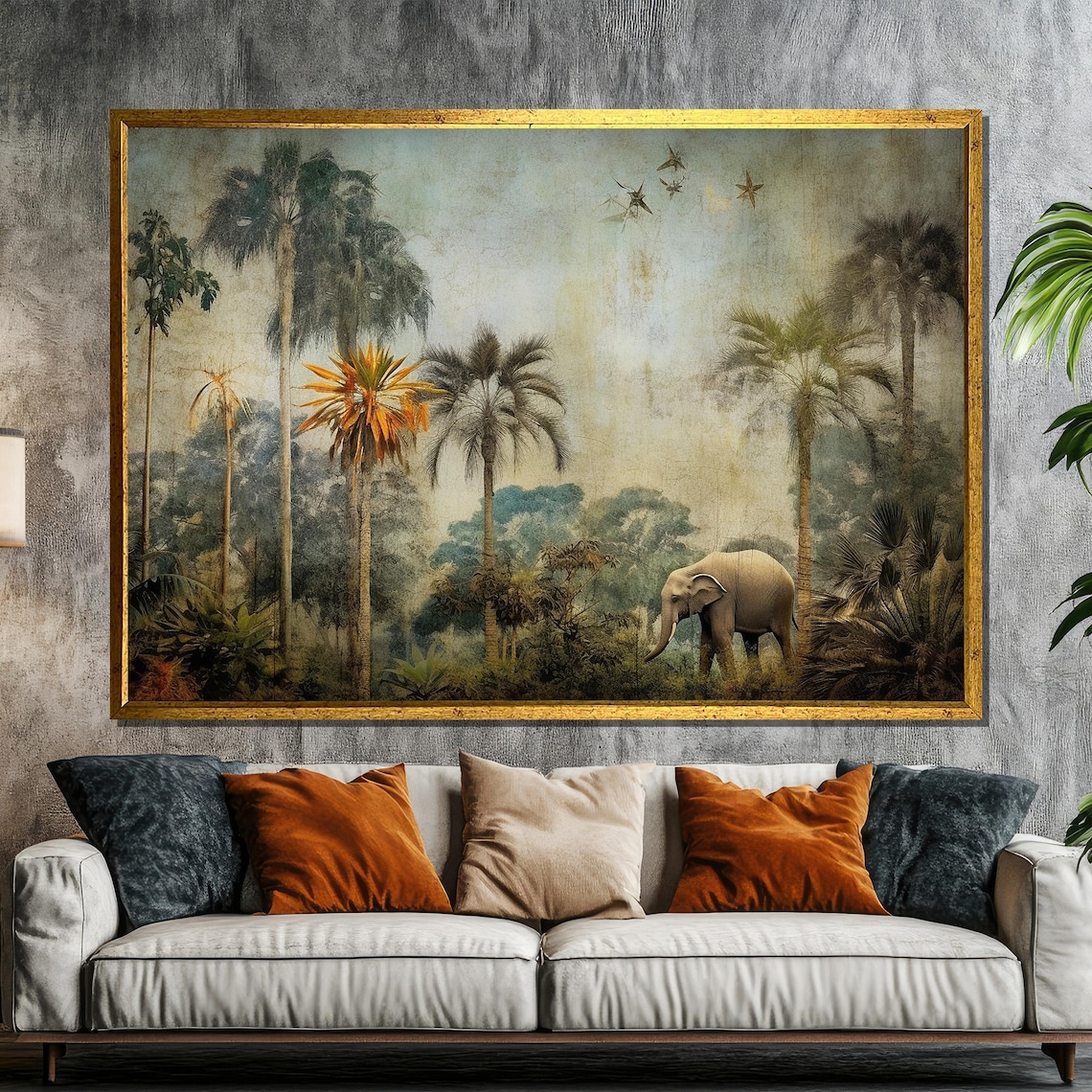 Tropical Jungle Safari Elephant and Palm Trees Art Print