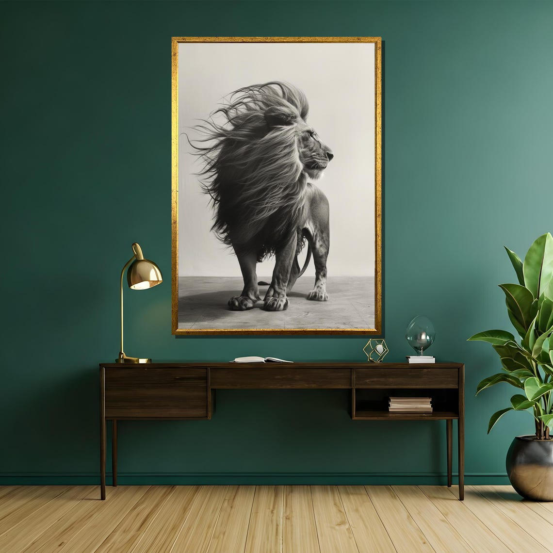 Standing Lion with Windswept Mane Black White Art Wall Poster - Image 5