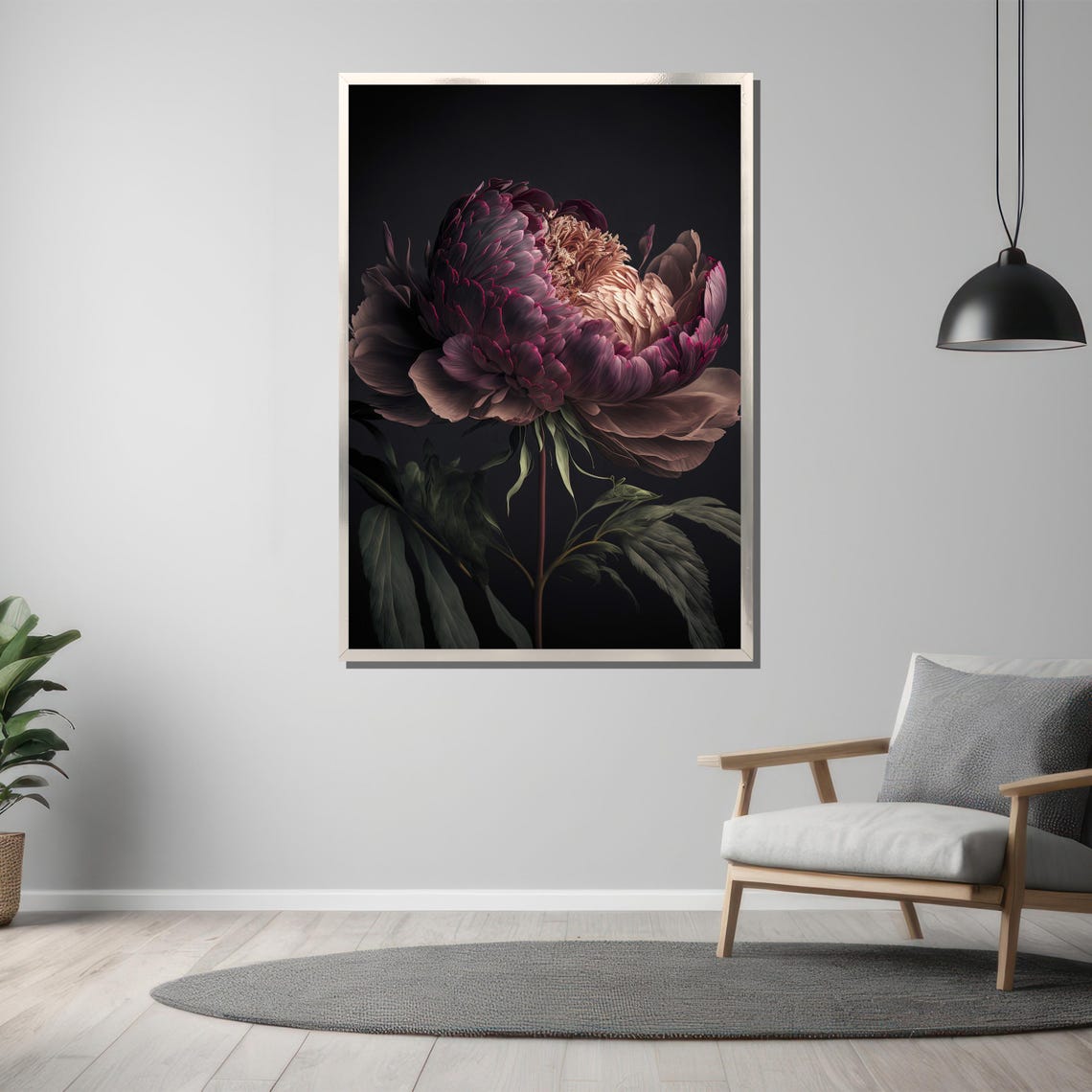 Dark Burgundy Peony Bloom on a Moody Black Background Poster - Image 3