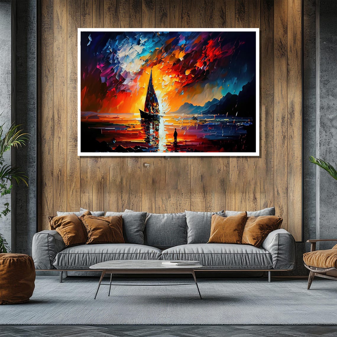 Lone Sailboat Under Fiery Red Impasto Sky Dramatic Seascape Poster - Image 2