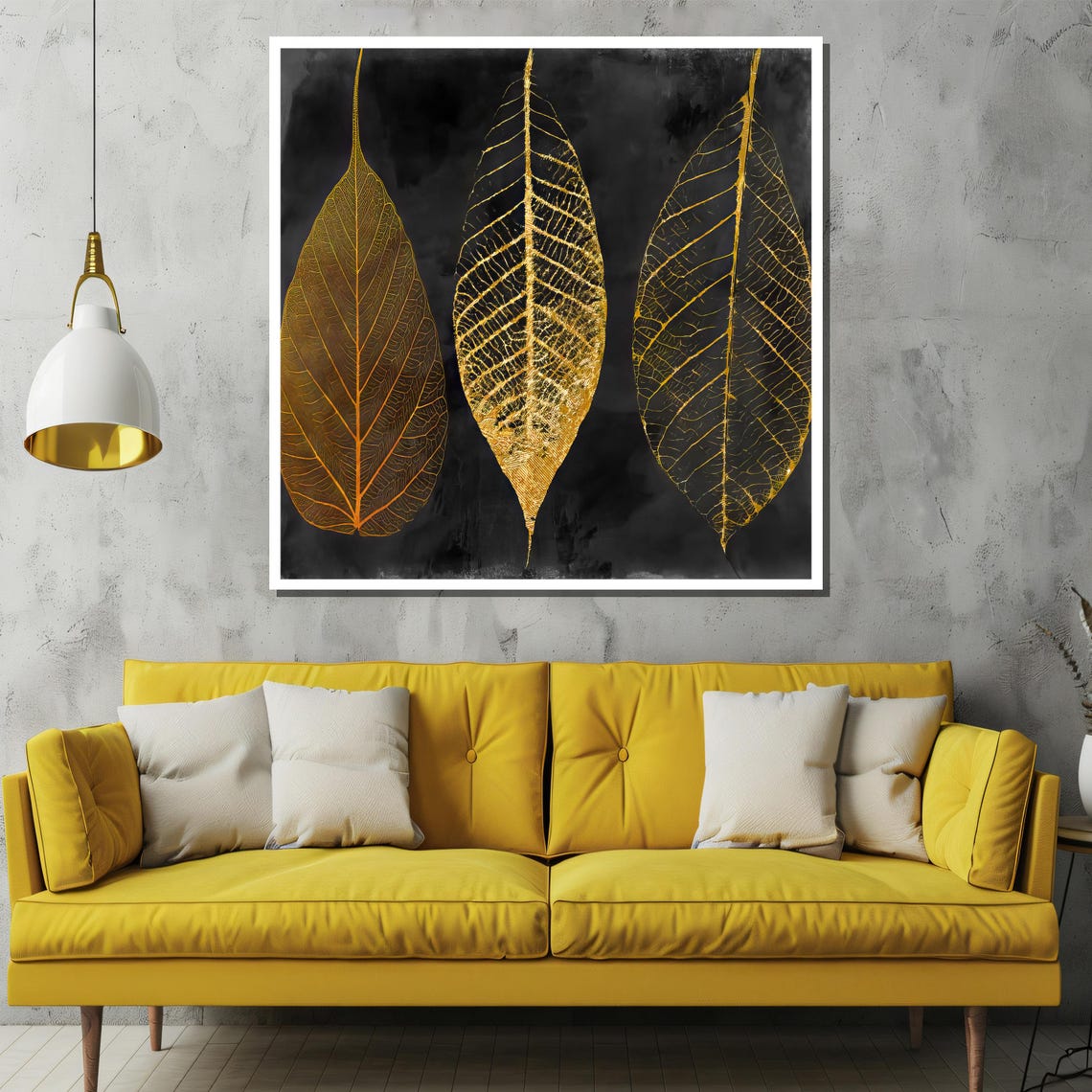 Three Golden Leaves On Black Modern Botanical Dark Night Poster - Image 2