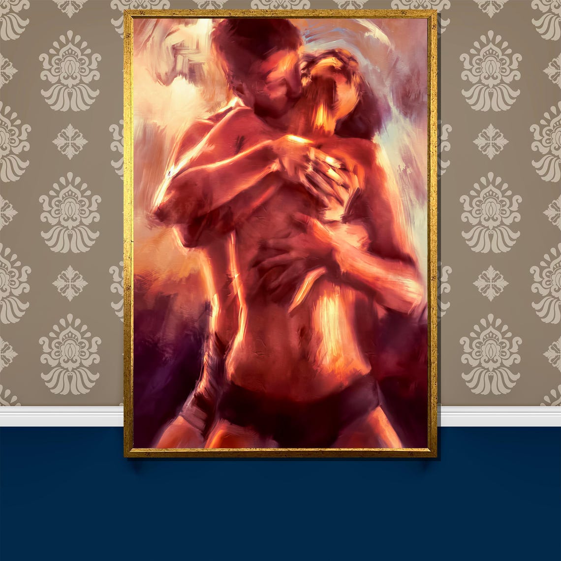 Sensual Lovers Embrace In Warm Tones Intimate Romance Art Poster