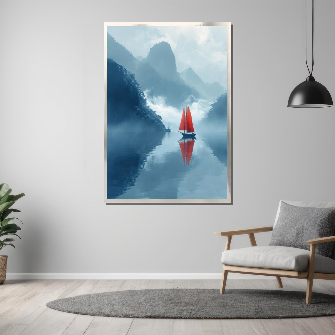 Red Sailed Boat on Misty Asian Mountain Lake Serene Painting Poster - Image 3